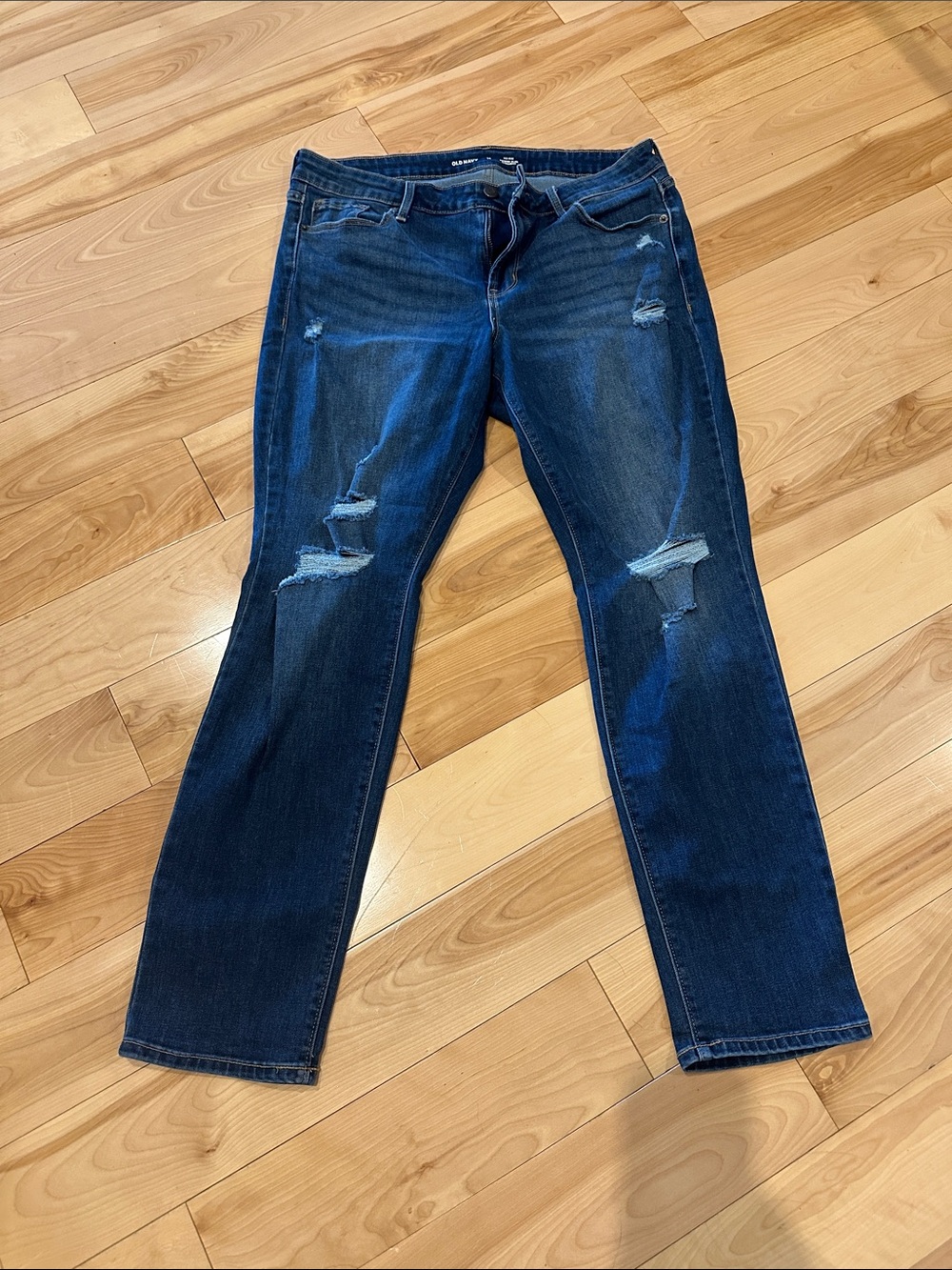 Old Navy Dark Blue Distressed Straight Leg mid rise Jeans